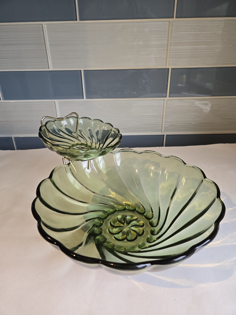 Hazel Atlas Green Glass Two-Tier Serving Bowl - Elegant Home Art